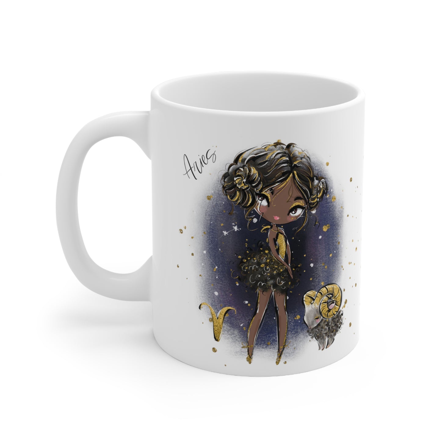 Personalised/Non Personalised Zodiac Sign, Aries, Ceramic Mug 11oz Brunette Hair - Olive Skin - Brown Eyes - Bg