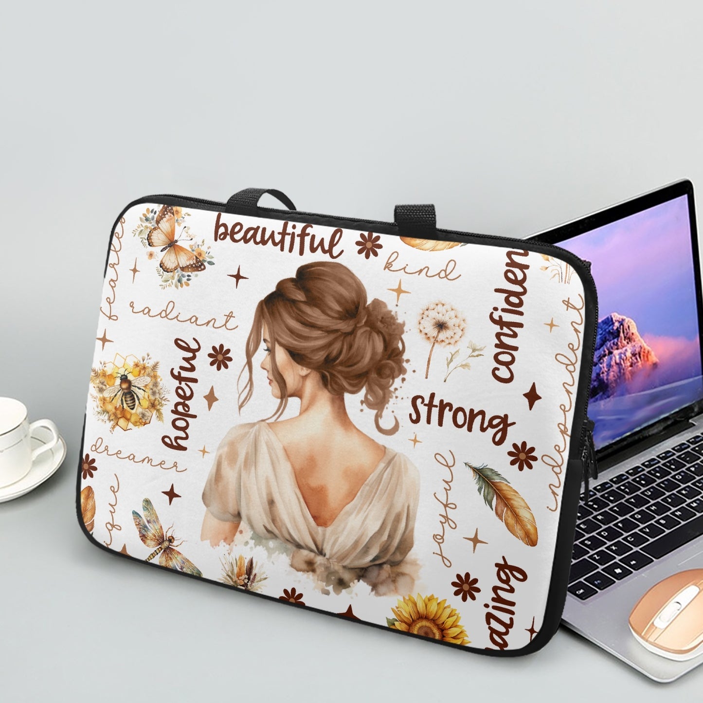 Laptop Sleeve with handles - Affirmations - Brunette Hair