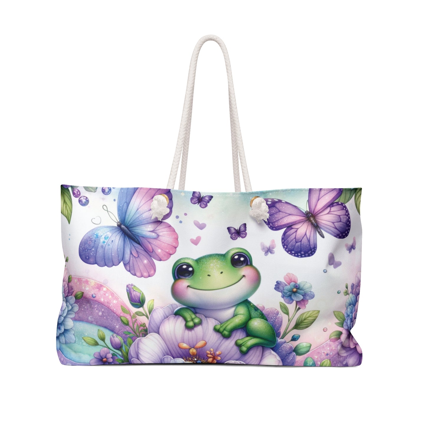 Personalised/Non-Personalised Weekender Bag, Frog with Butterflies, Large Weekender Bag, Beach Bag, Book Bag