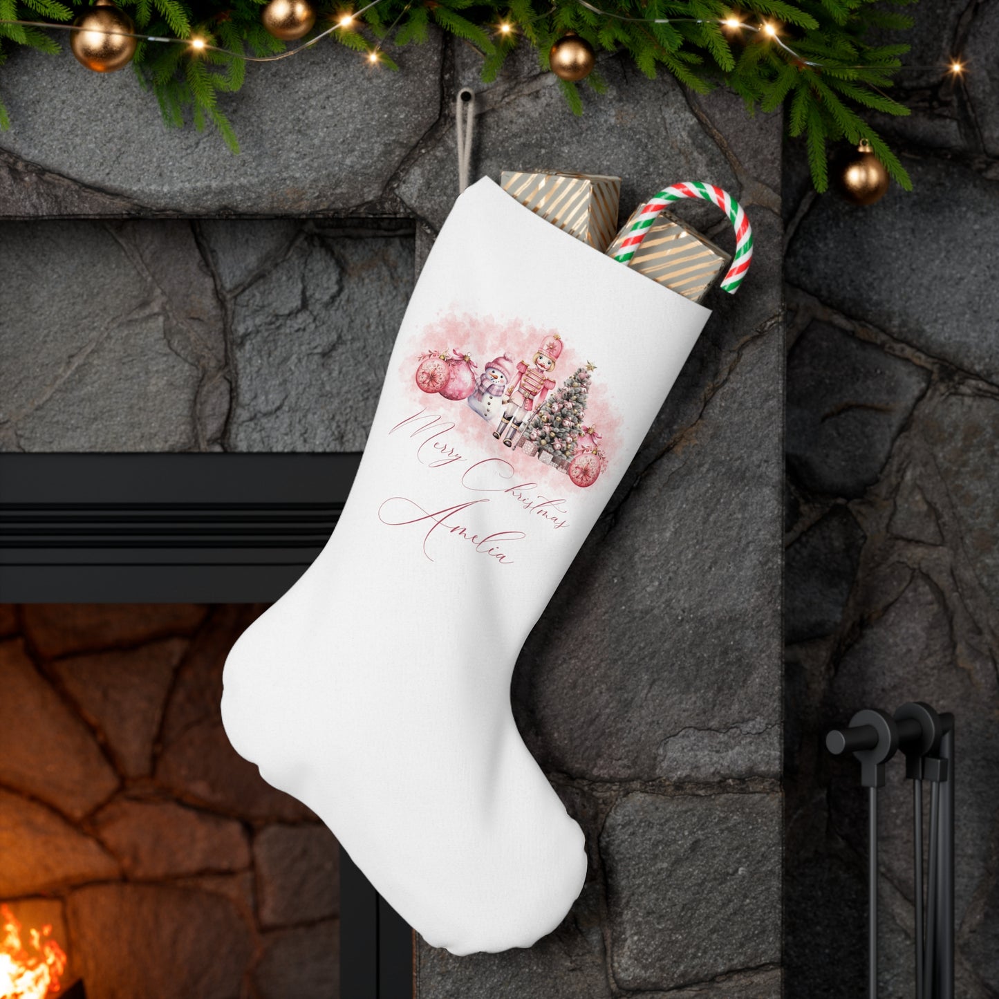 Personalised Santa Stocking, Pink Christmas Nutcracker