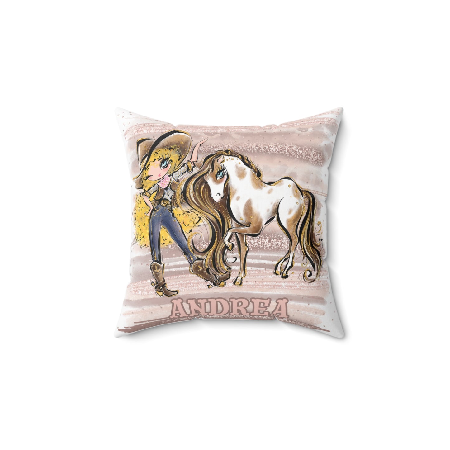 Personalised Cowgirl and Horse Cushion,  Blonde Curly Hair, Blue Eyes, Polyester Square Cushion, Christmas cushion