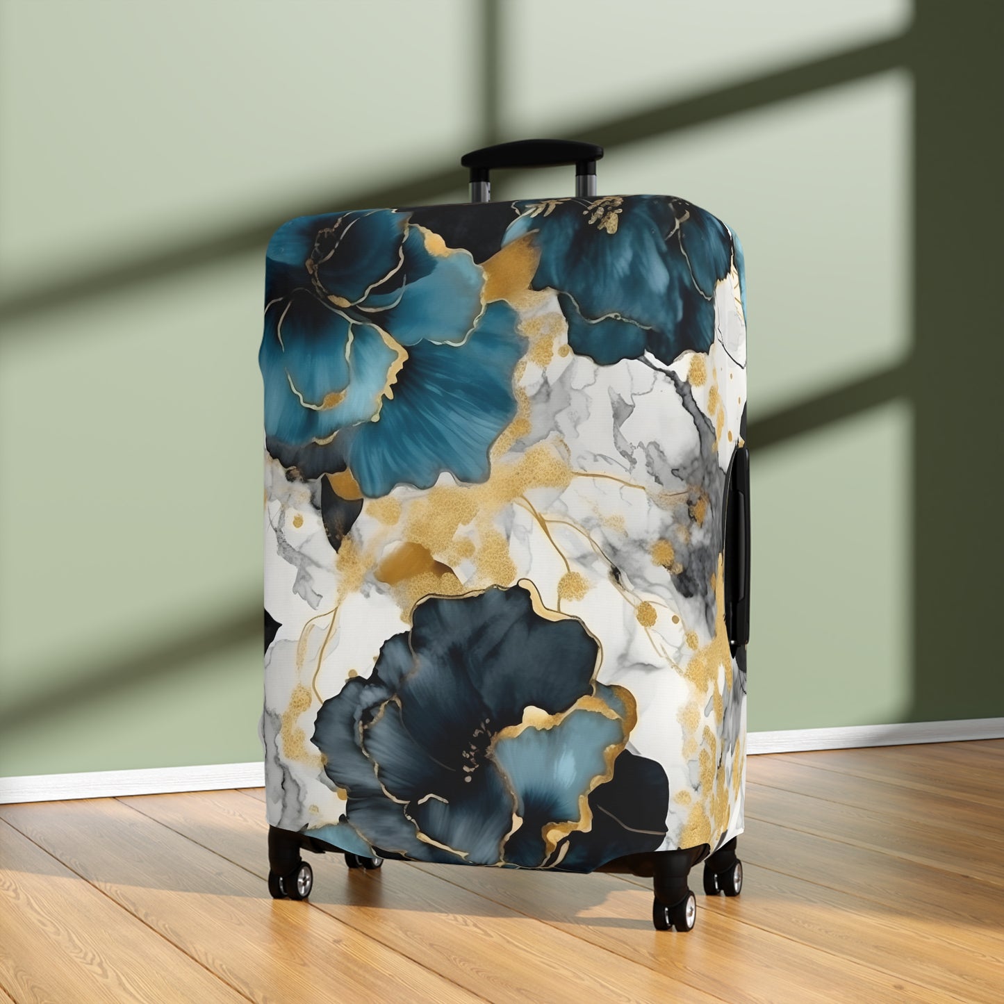 Luggage Cover, Alcohol Ink Black, Blue and Gold Floral