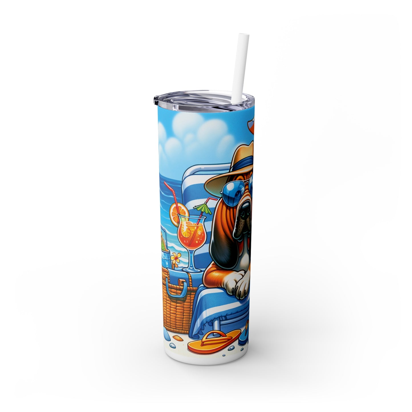 Skinny Tumbler with Straw, 20oz, Dog on Beach, Bloodhound, awd-1106