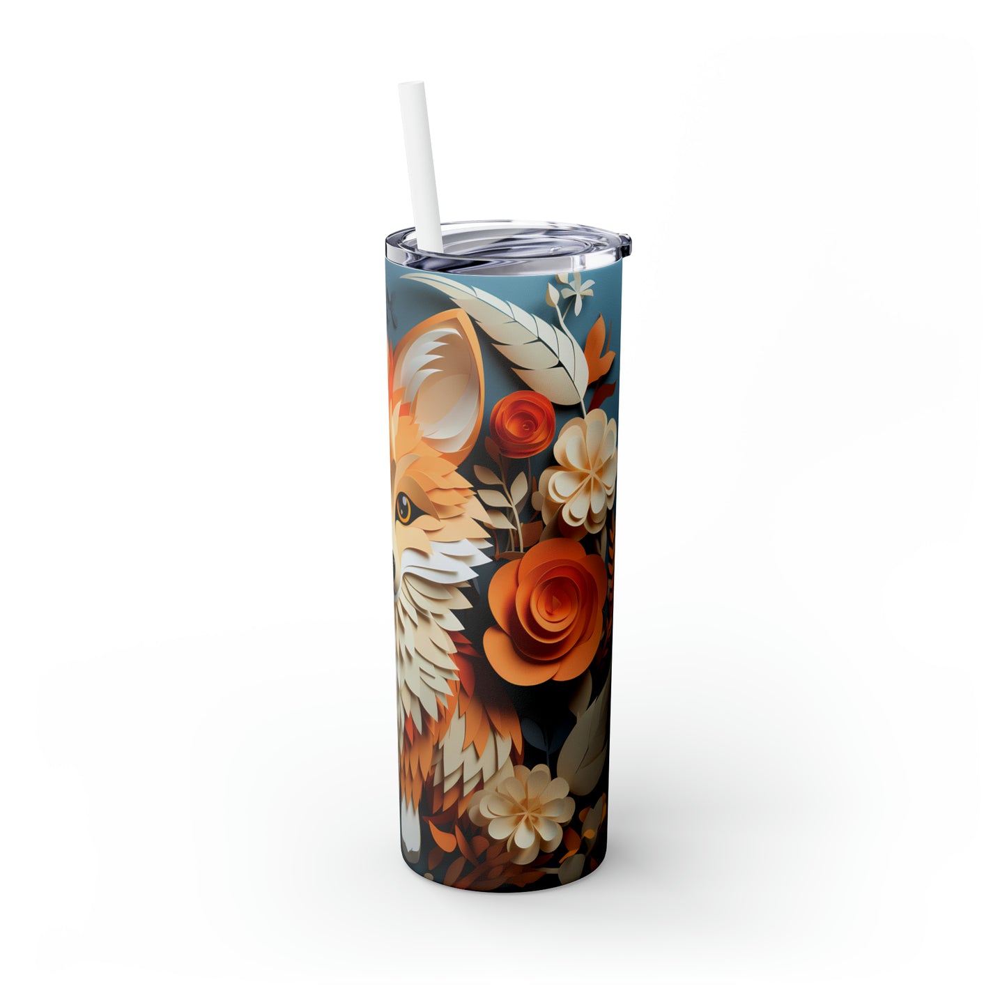 Skinny Tumbler with Straw, 20oz, Floral Paper Cut Fox, awd-426