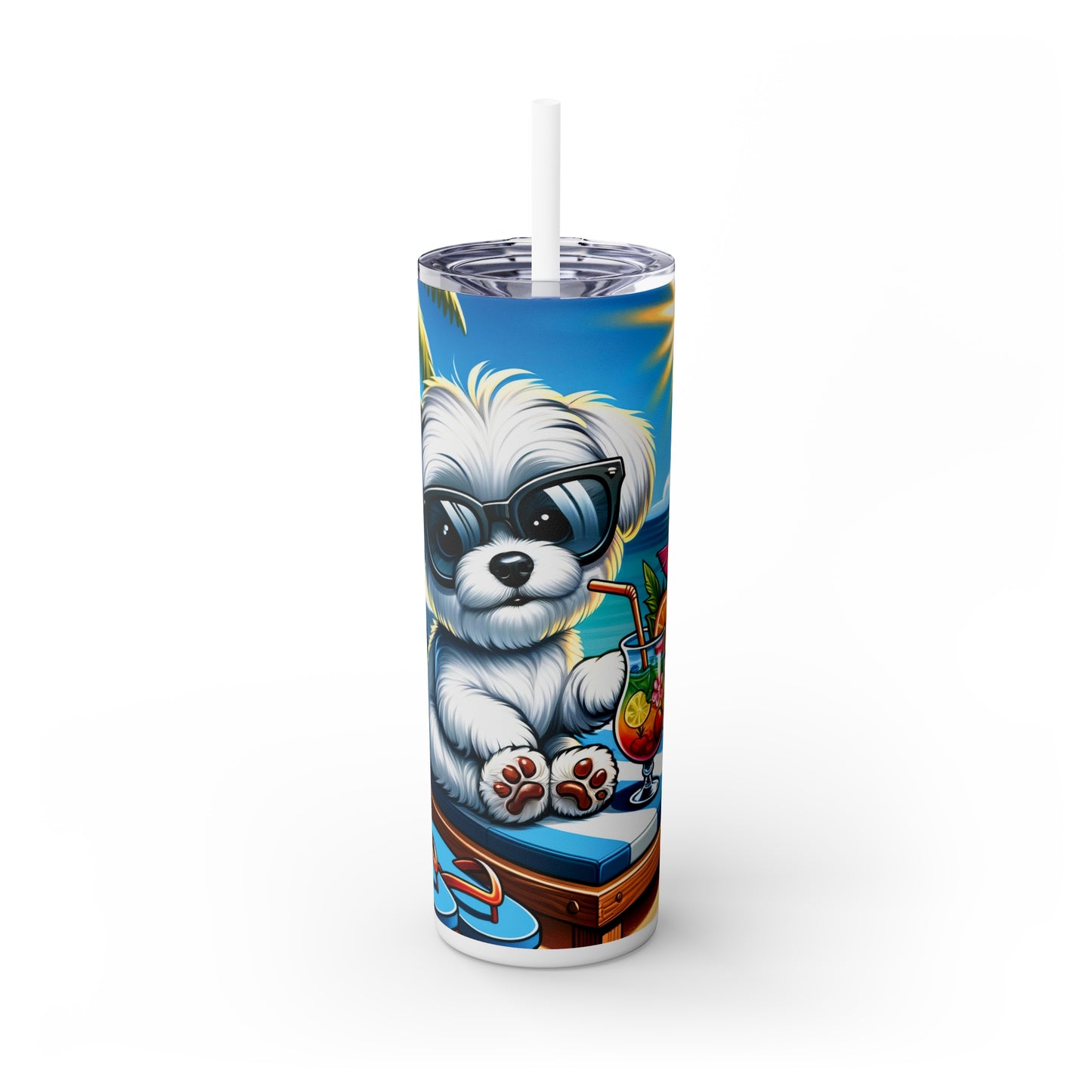 Skinny Tumbler with Straw, 20oz, Dog on Beach, Maltese, awd-1221