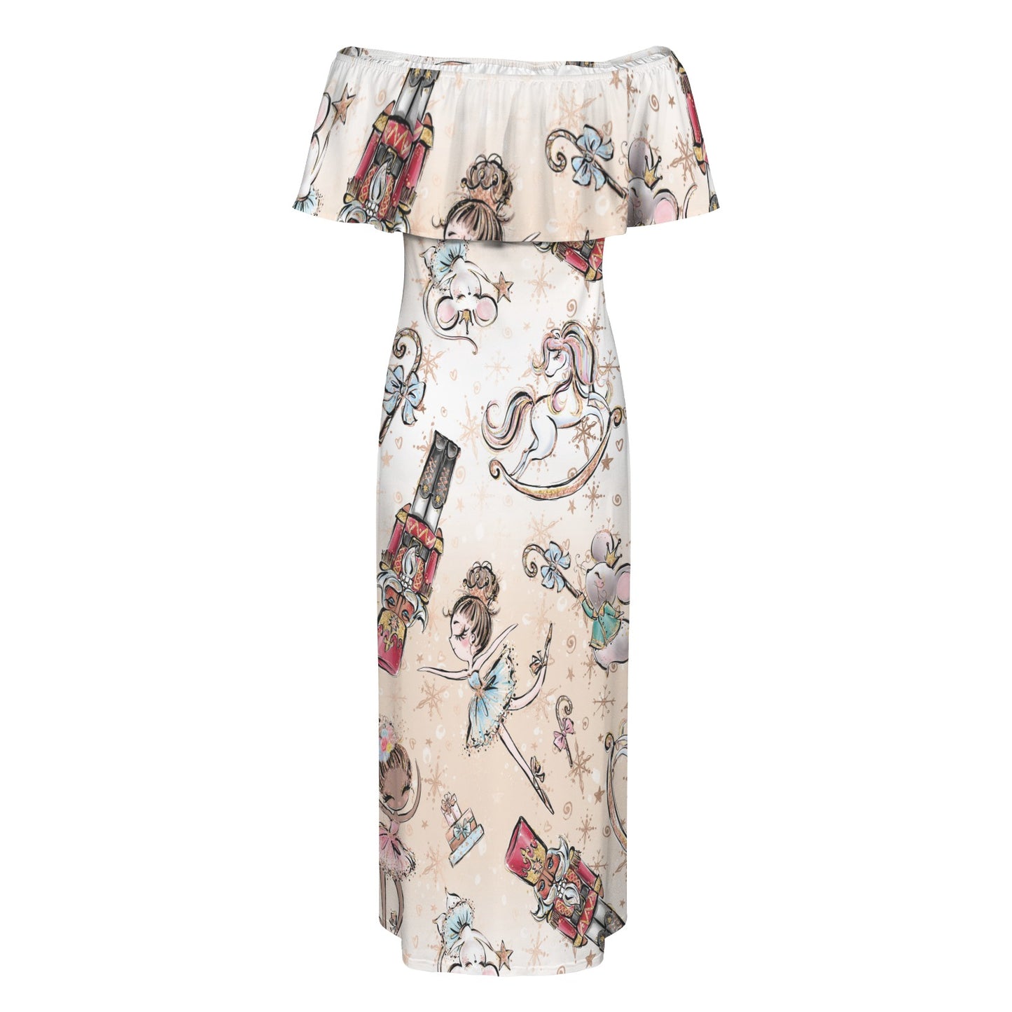 Nutcracker Women's Off Shoulder Ruffle Boat Neck Dress (Model D71)