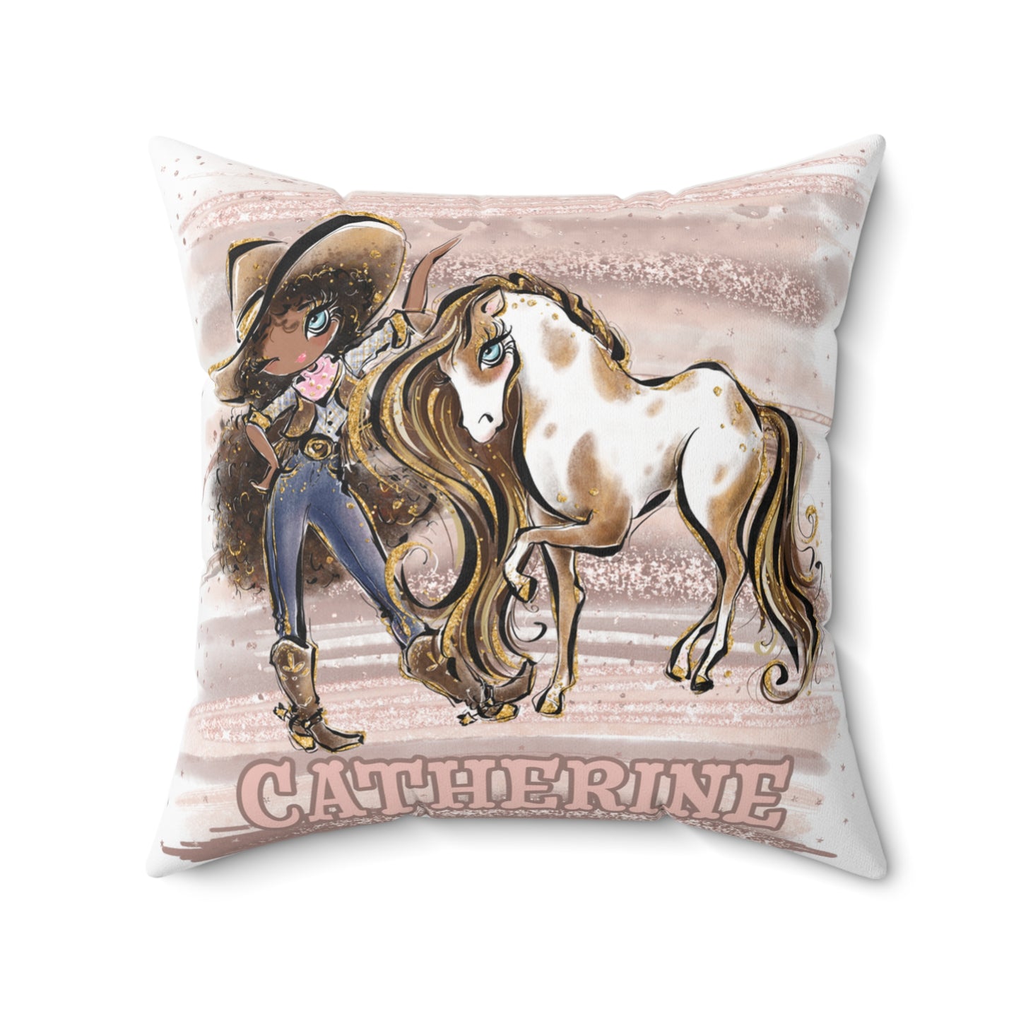 Personalised Cowgirl and Horse Cushion,  Brown Curly Hair, Olive Skin, Blue Eyes, Polyester Square Cushion, Christmas cushion