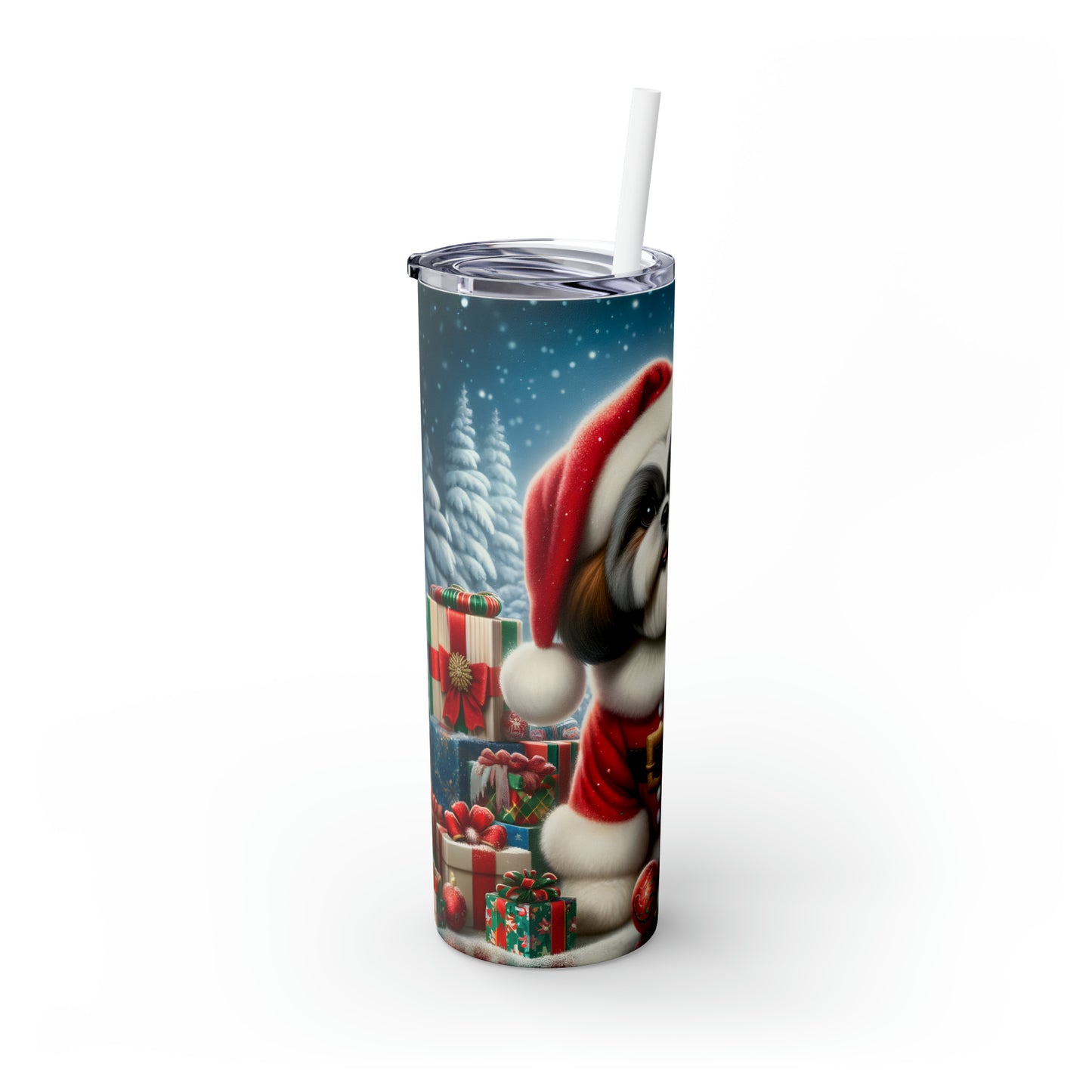 Skinny Tumbler with Straw, 20oz, Shih-Tzu Christmas