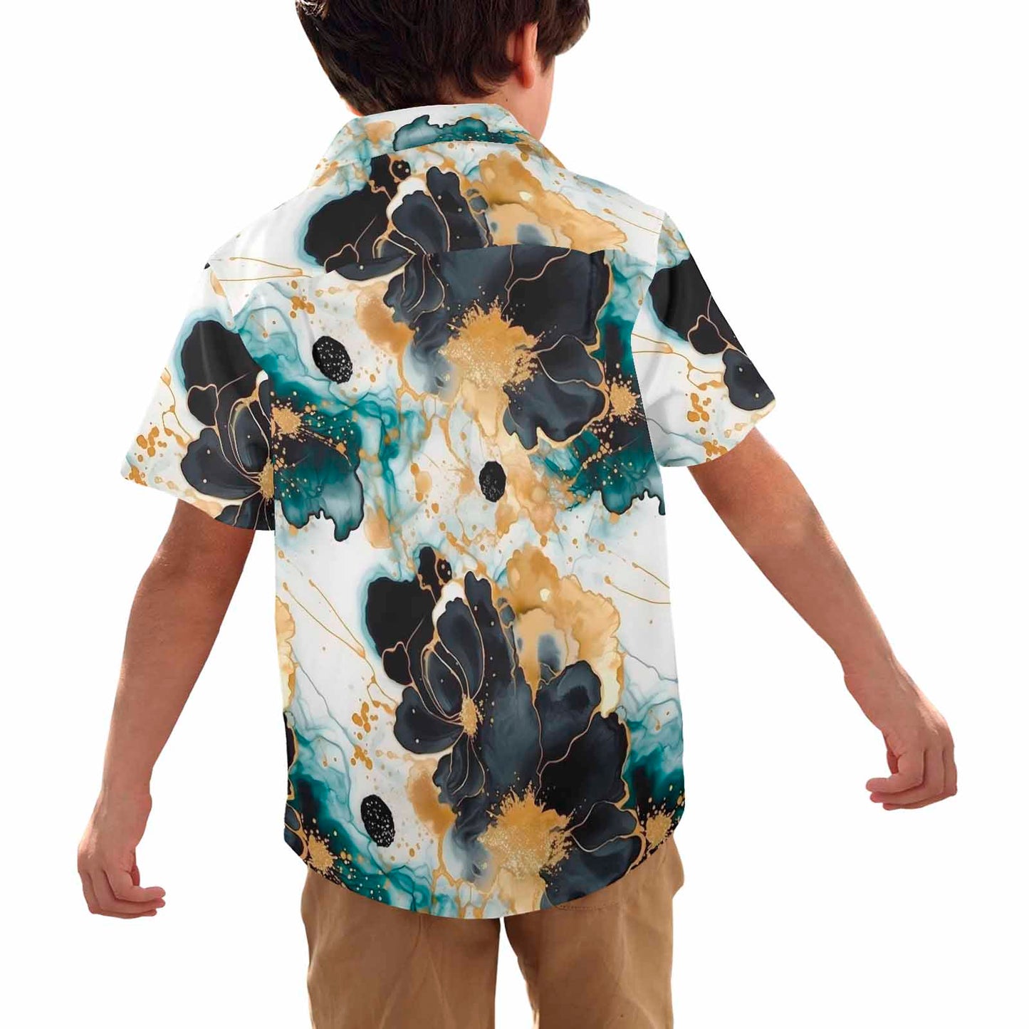 Black Gold & Green Ink Floral  Little Boys Hawaiian Shirt