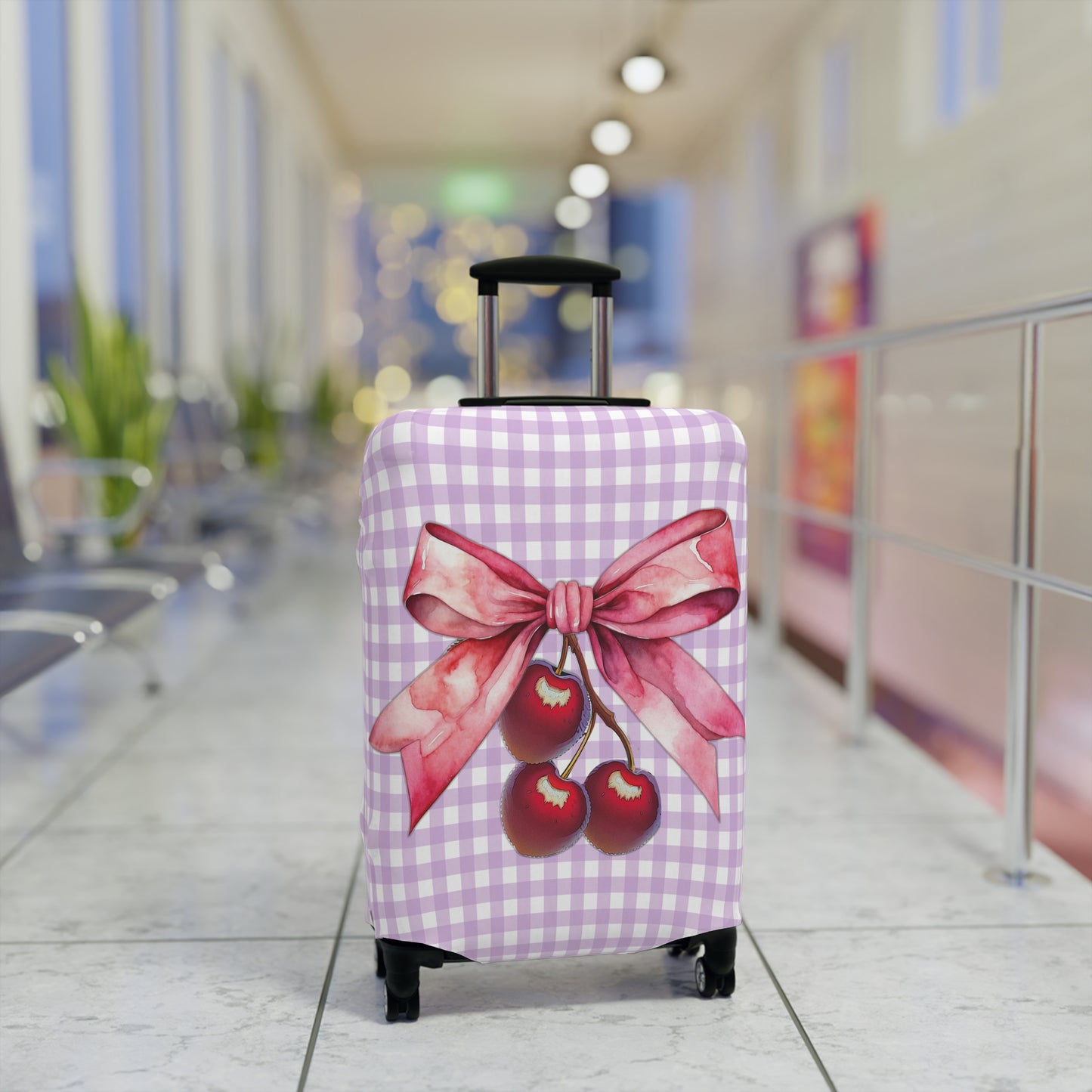 Luggage Cover, Rockabilly, Coquette, Pastel Dark Purple Gingham, Cherries and Ribbon, awd-2515