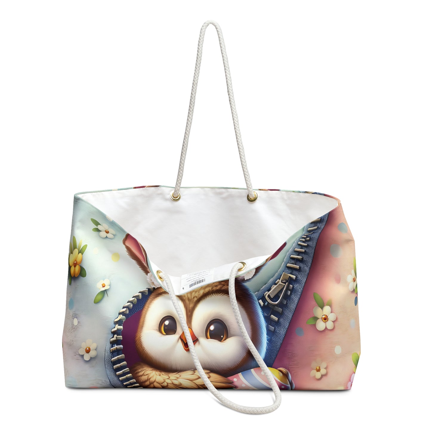 Personalised/Non-Personalised Weekender Bag, Easter, Cute Owl with Bunny Ears, Large Weekender Bag, Beach Bag, Book Bag