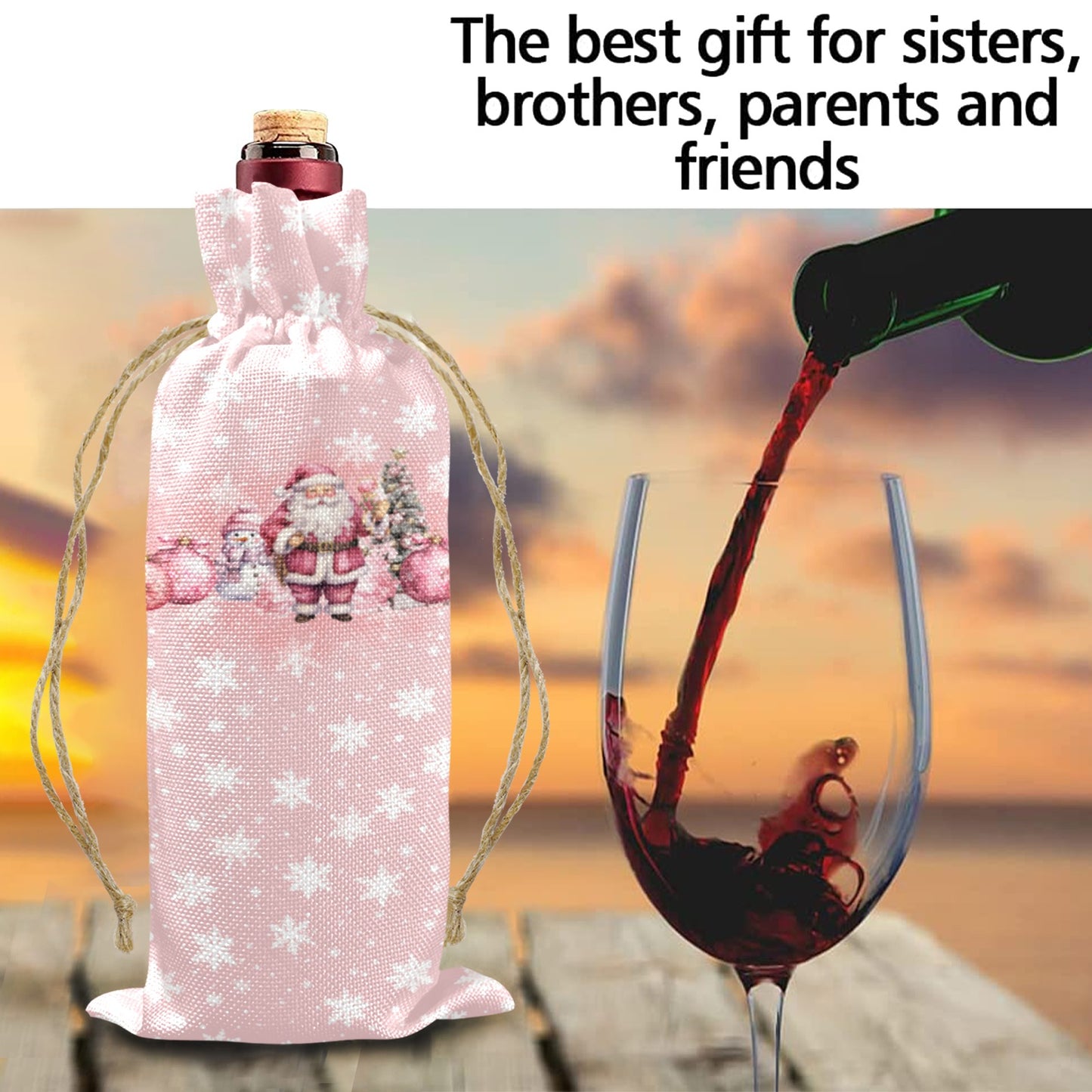 Merry Christmas Pink Christmas Linen Wine Bottle Bag