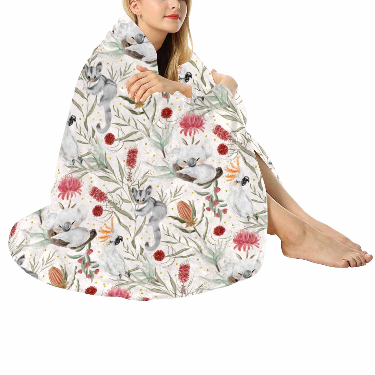 Australian Animals, Koala Cockatoo and Sugar Glider  Circular Micro Fleece Blanket 60"