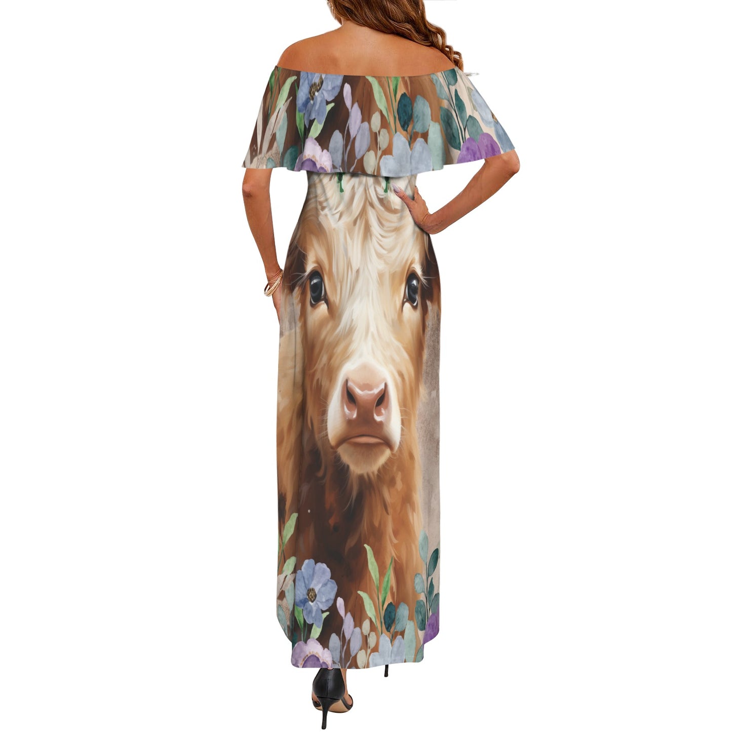 Highland Cow awd424 Women's Off Shoulder Ruffle Boat Neck Dress (Model D71)