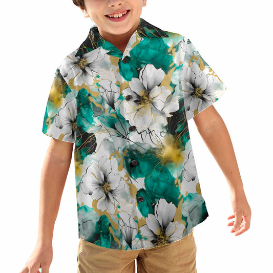 Green and White Ink Floral  Little Boys Hawaiian Shirt
