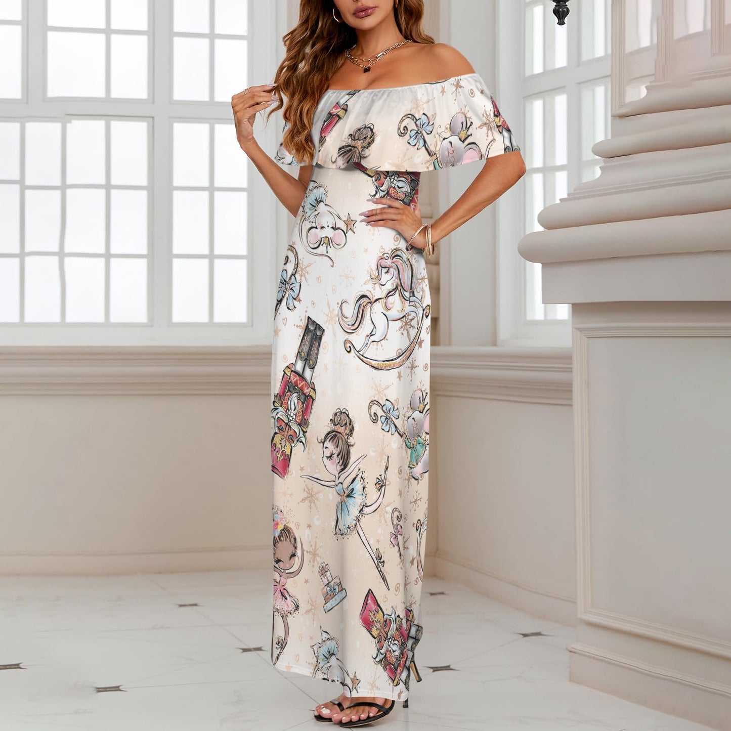 Nutcracker Women's Off Shoulder Ruffle Boat Neck Dress (Model D71)