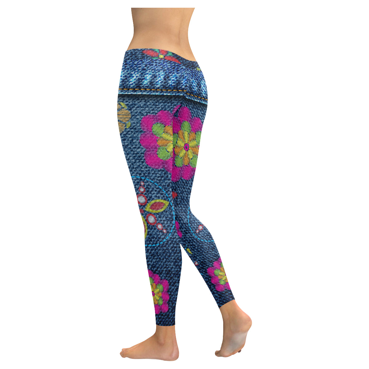 print flower jeans Women's Low Rise Leggings (Invisible Stitch)