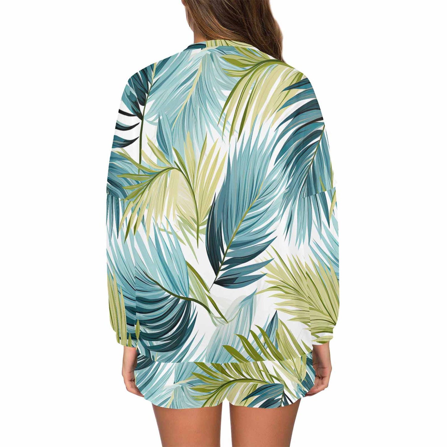 Palm Leaves Blue Green Women's Long Sleeve Pajama Set with Shorts