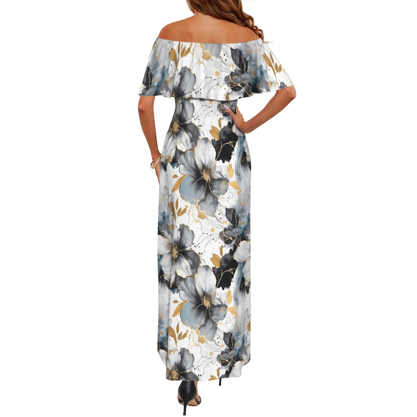 Black White and Gold Women's Off Shoulder Ruffle Boat Neck Dress (Model D71)