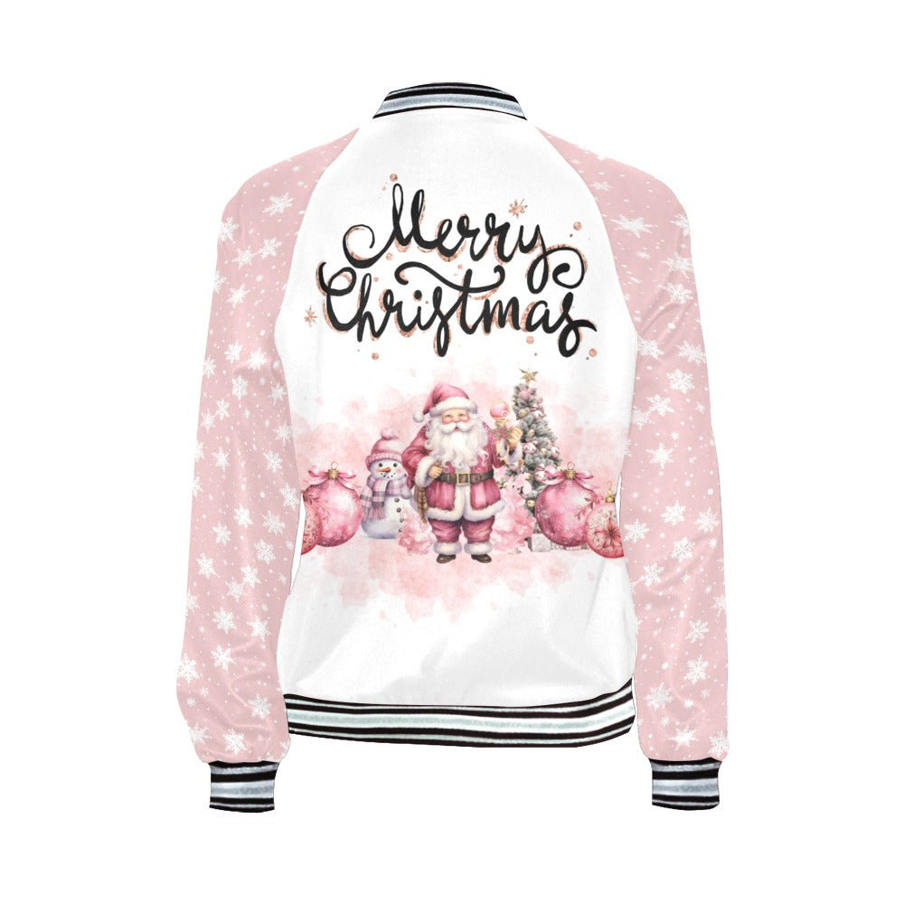 Pink Christmas Santa Snowflakes Bomber Jacket for Women