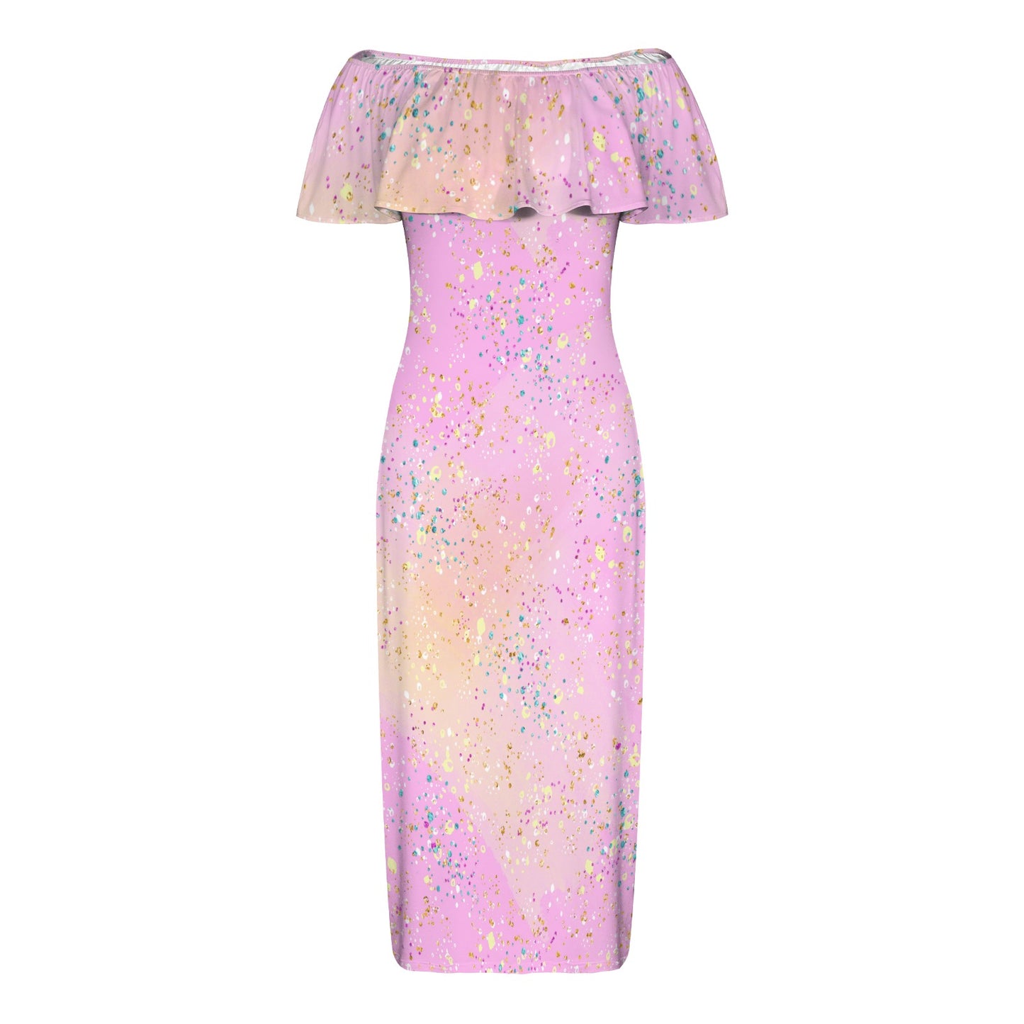 Pink Splash Women's Off Shoulder Ruffle Boat Neck Dress (Model D71)