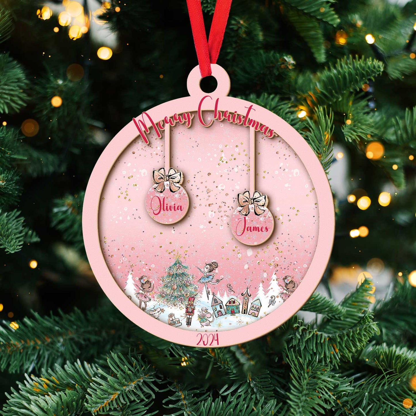 Layered Wooden Personalised Pink Christmas Bauble Ornament