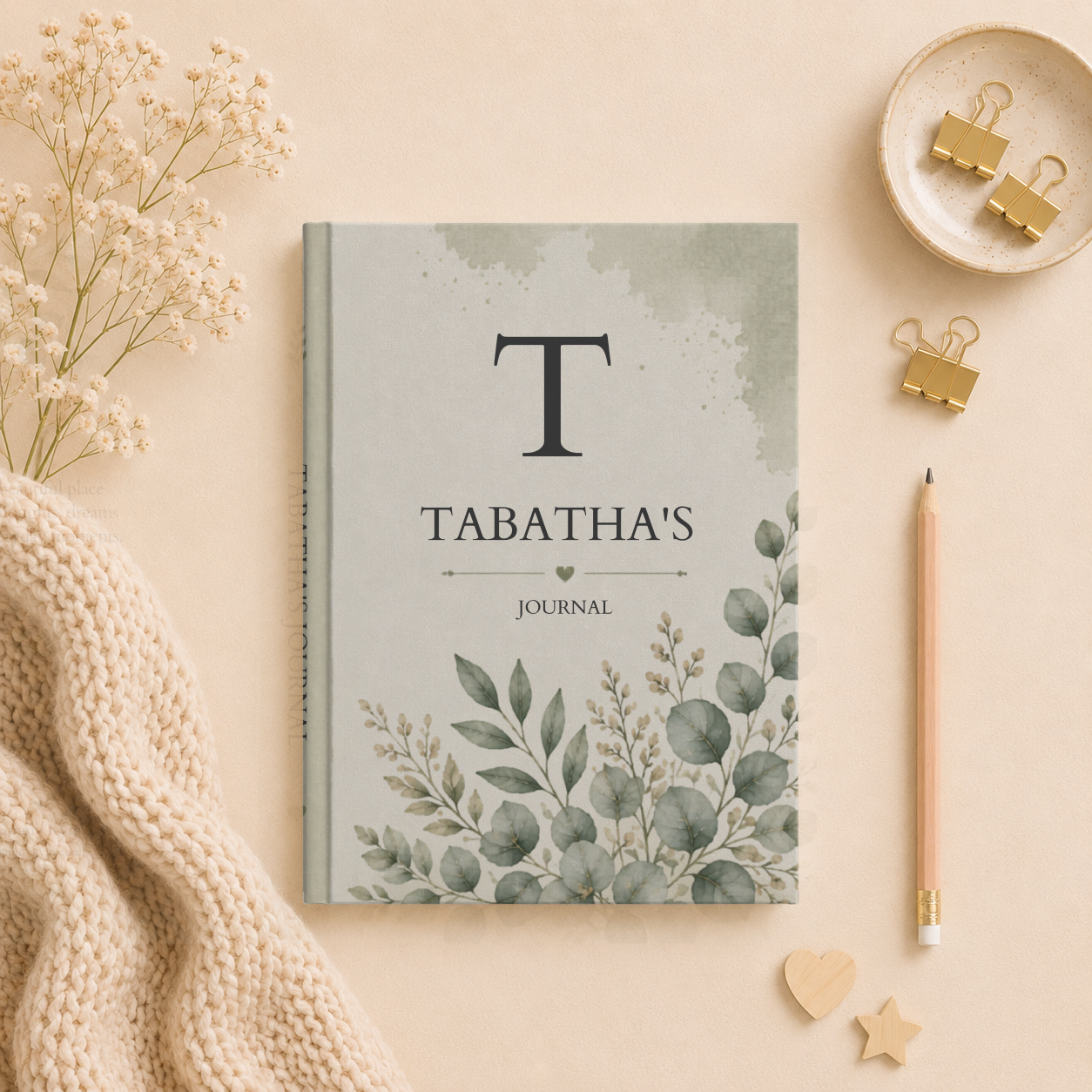 Personalized Hardcover Journal with Elegant Australian Eucalyptus Design, Custom Name Journal, Matte Finish, Perfect Gift for Writers, Nature Lovers