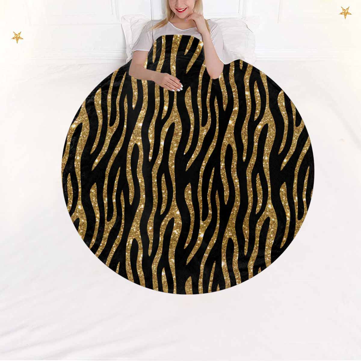 Black and Gold Glitter Leopard Print  Circular Micro Fleece Blanket 60"