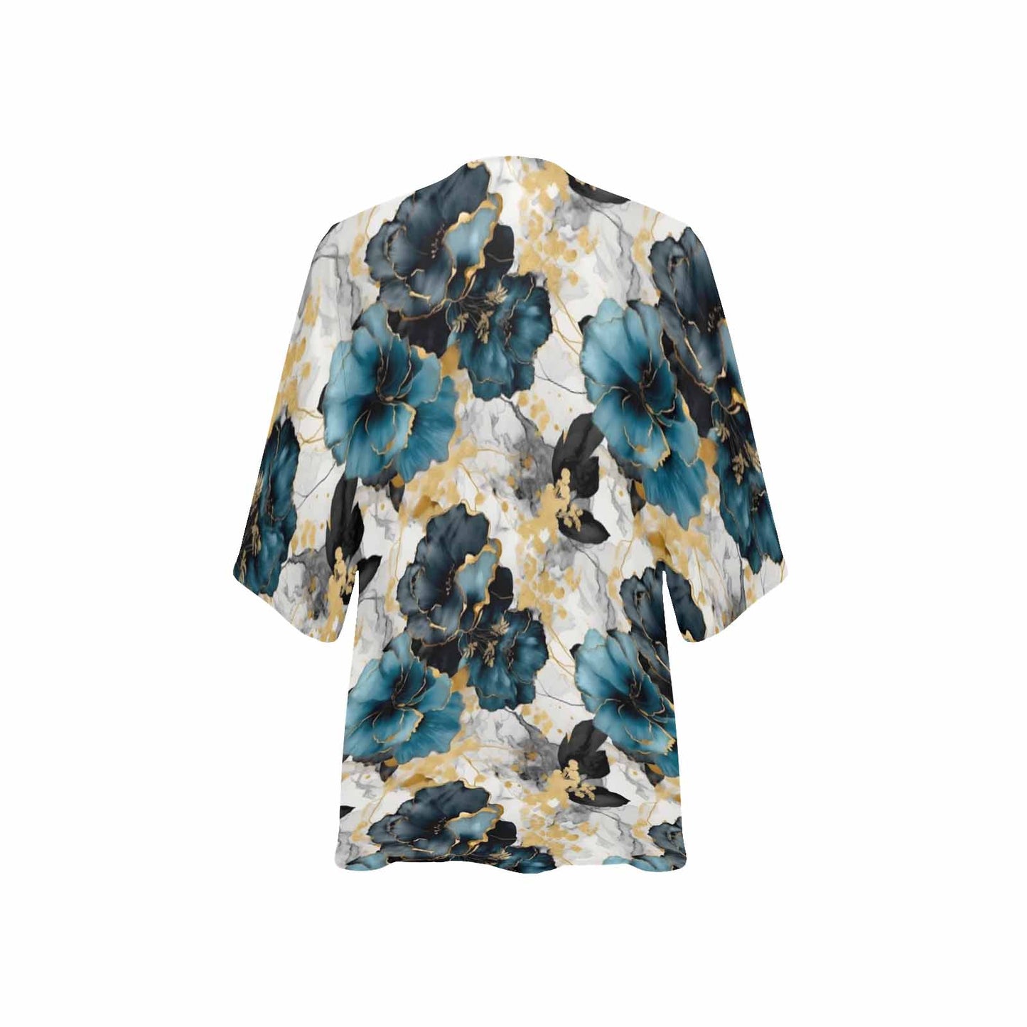 Blue & Gold Ink Floral Women's Kimono Chiffon Cover Up