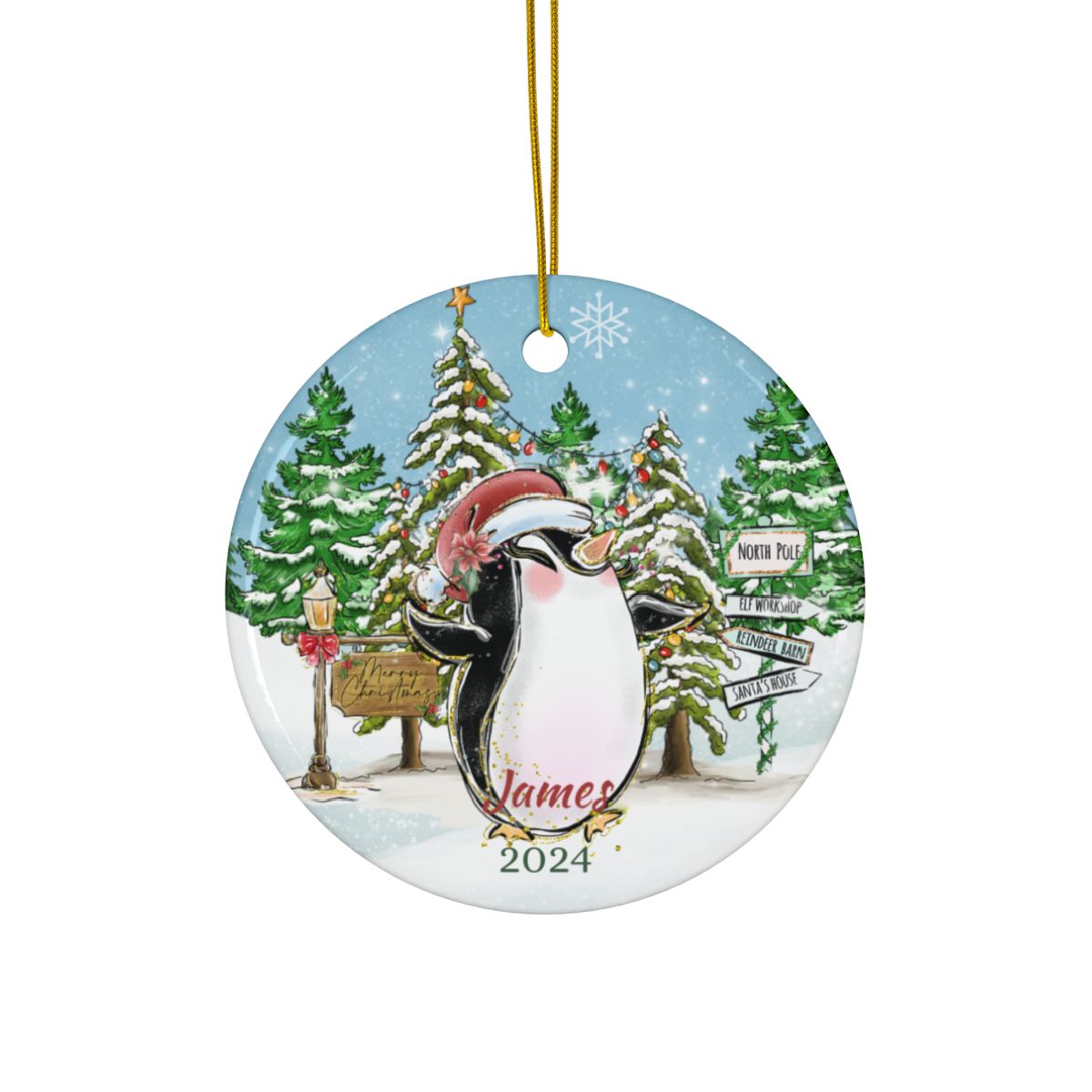 Penguin Christmas Ornament, Personalized Ceramic Keepsake, Holiday Tree Decor, Custom Winter Scene Ornament, Xmas Gift