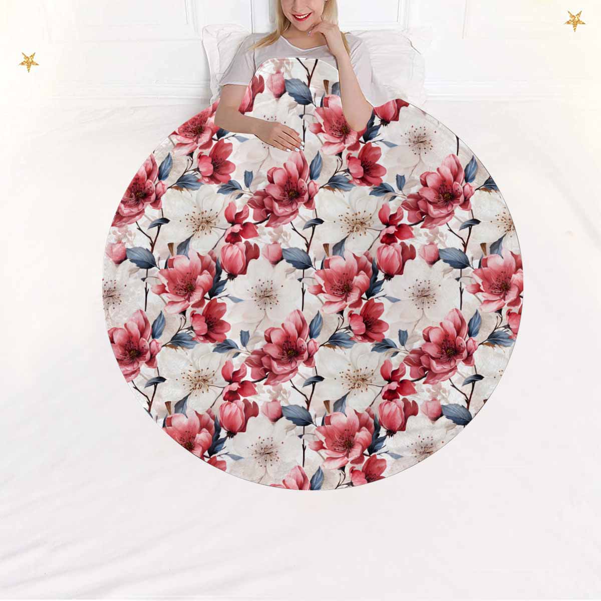 Pink Floral Small  Circular Micro Fleece Blanket 60"