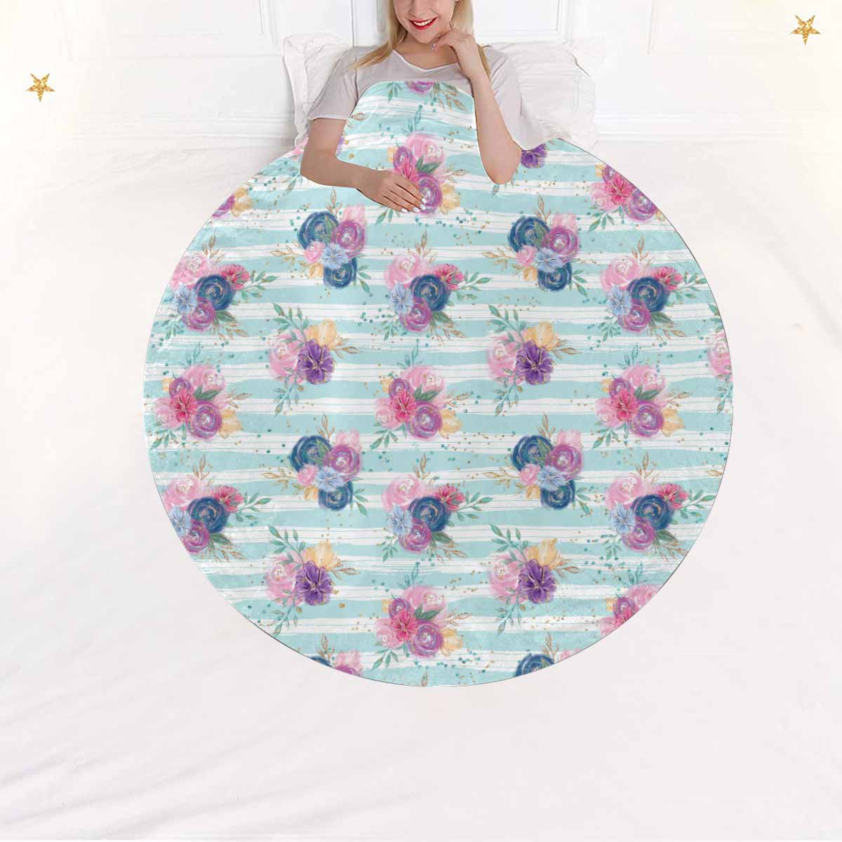 Purple and Pink floral Blue Stripes  Circular Micro Fleece Blanket 60"