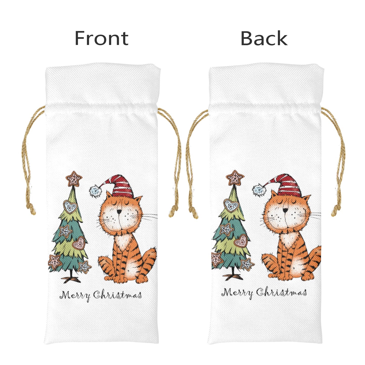 Merry Christmas Whimsical Cat Linen Wine Bottle Bag