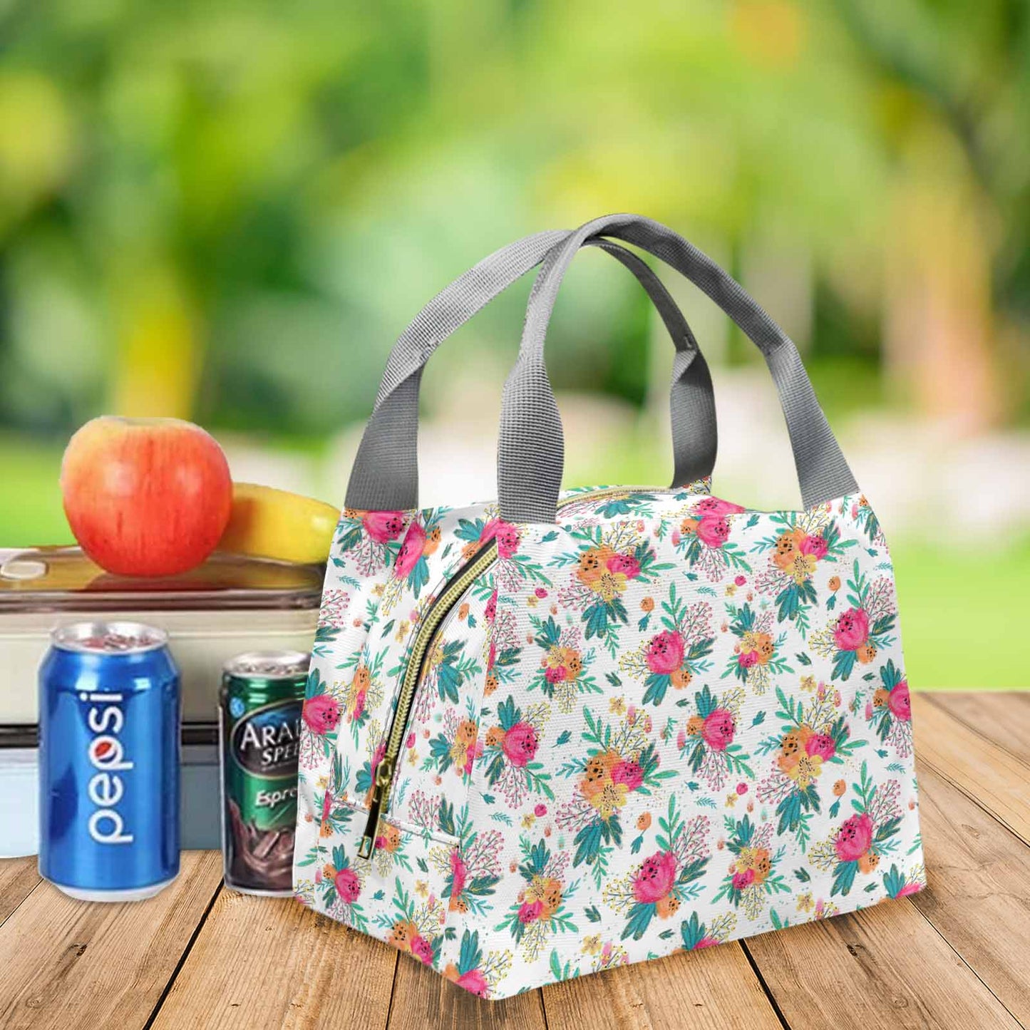 Australian Floral  Portable Lunch Bag-Grey Handle