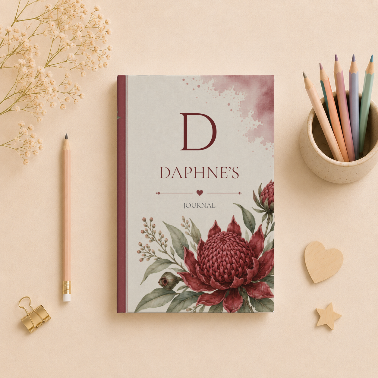 Custom Australia Waratah Floral Journal, Personalized Matte Hardcover Notebook, Botanical Diary with Lined Pages, Gift for Writers, Artistic Stationery