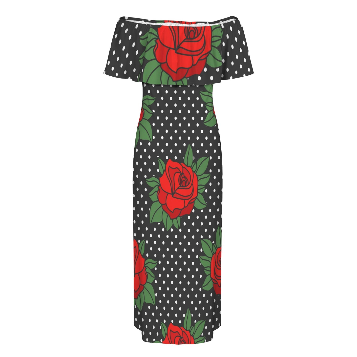 Rockabilly Roses Red Black White Women's Off Shoulder Ruffle Boat Neck Dress (Model D71)