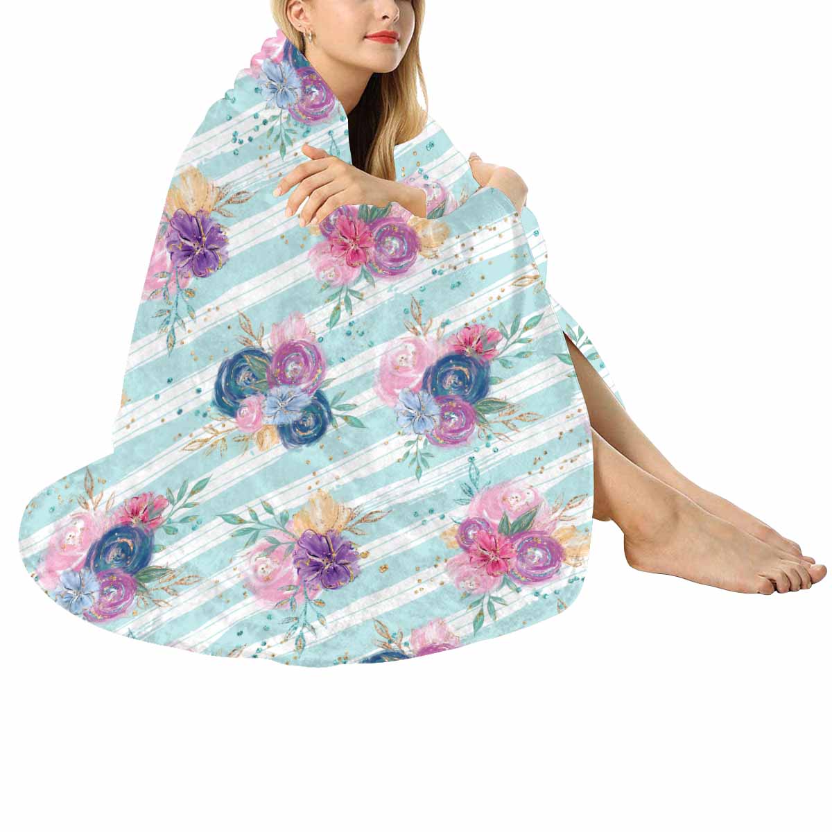 Purple and Pink floral Blue Stripes  Circular Micro Fleece Blanket 60"