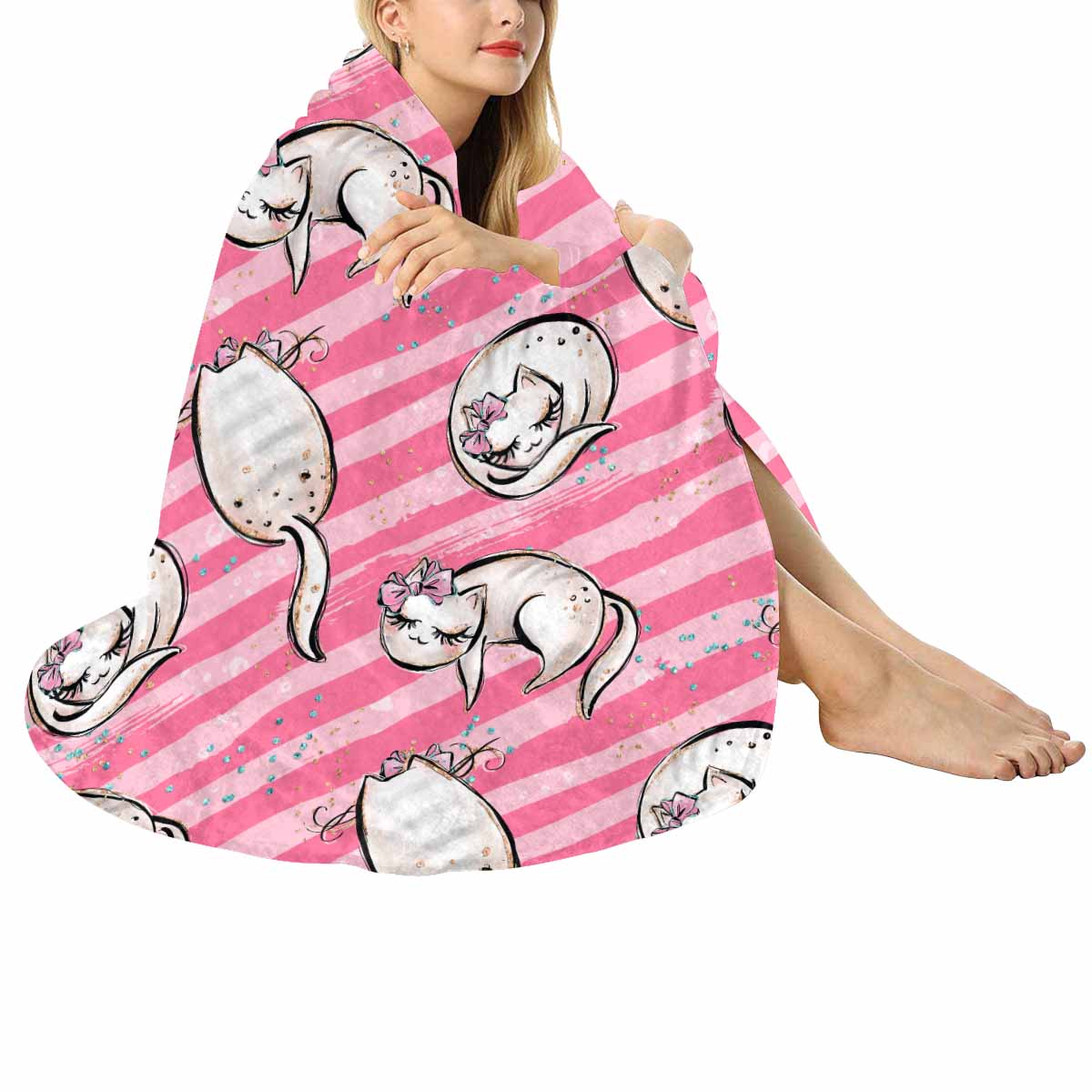 Cats Pink  Circular Micro Fleece Blanket 60"