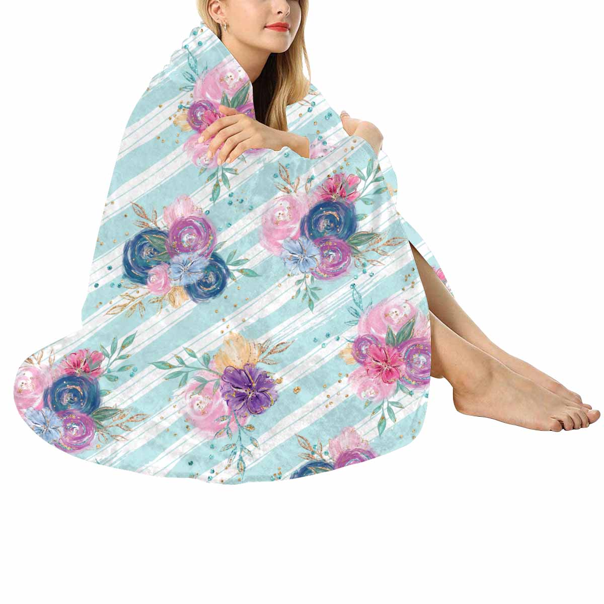 Purple and Pink floral Blue Stripes  Circular Micro Fleece Blanket 47"