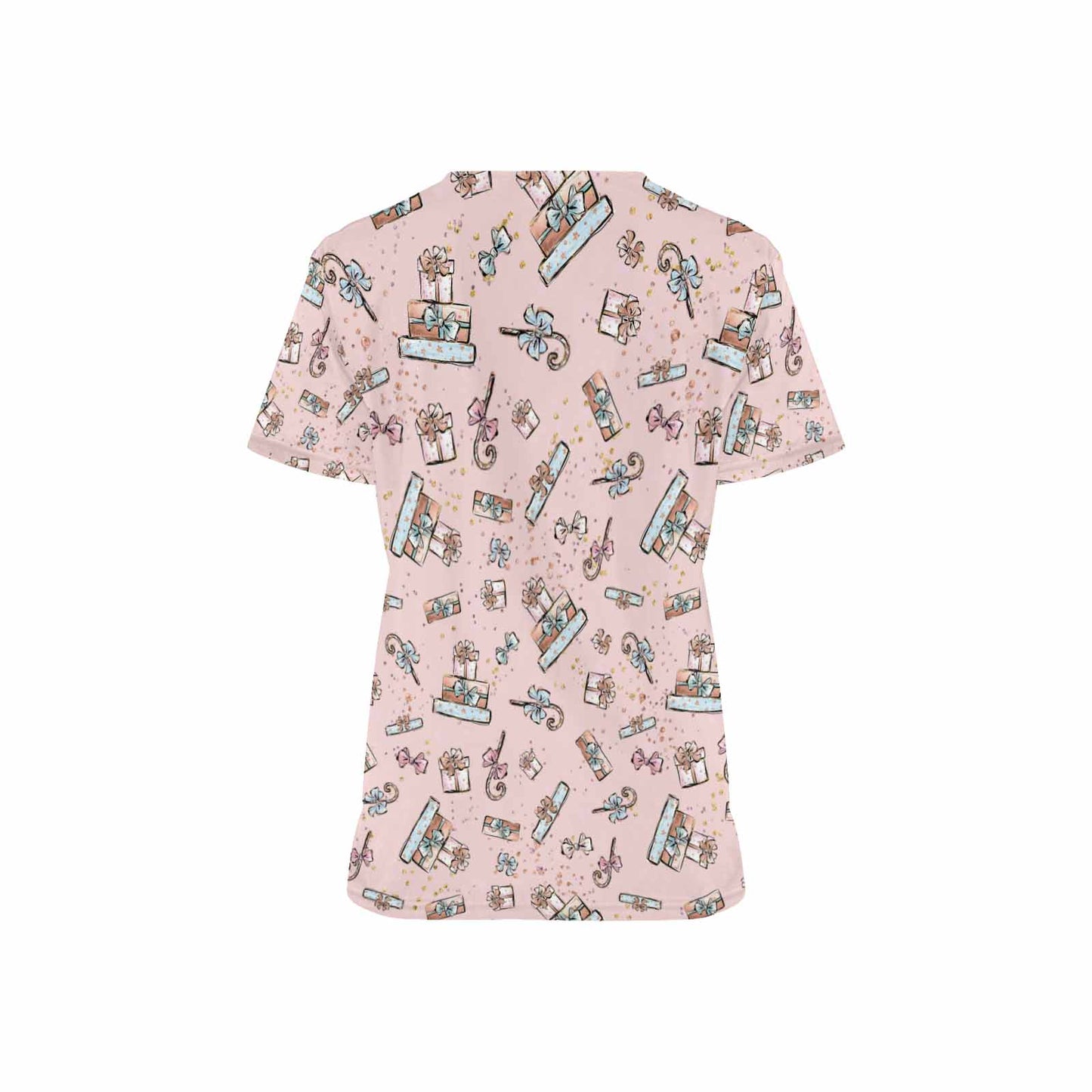 Pink Christmas Presents  Women's V Neck Scrub Top Nurse Uniform with Deep Front Pockets