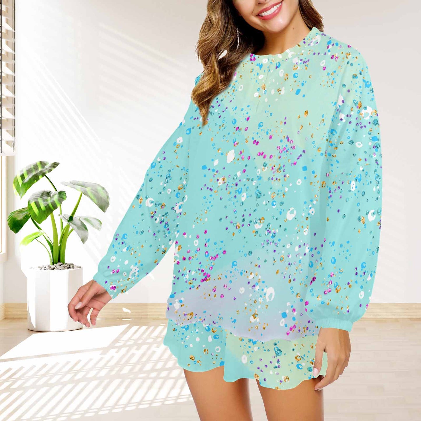 Green Splash  Women's Long Sleeve Pajama Set with Shorts