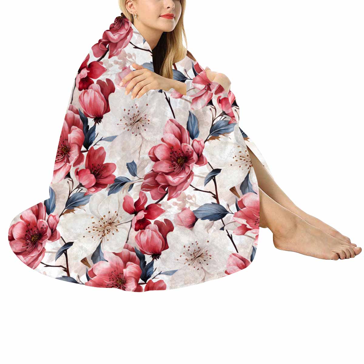 Pink Floral Small  Circular Micro Fleece Blanket 60"