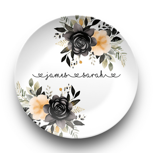 Personalized Floral Plate, Black and Gold Design,  Custom Kitchenware, Floral Gifts, Wedding Gift Idea