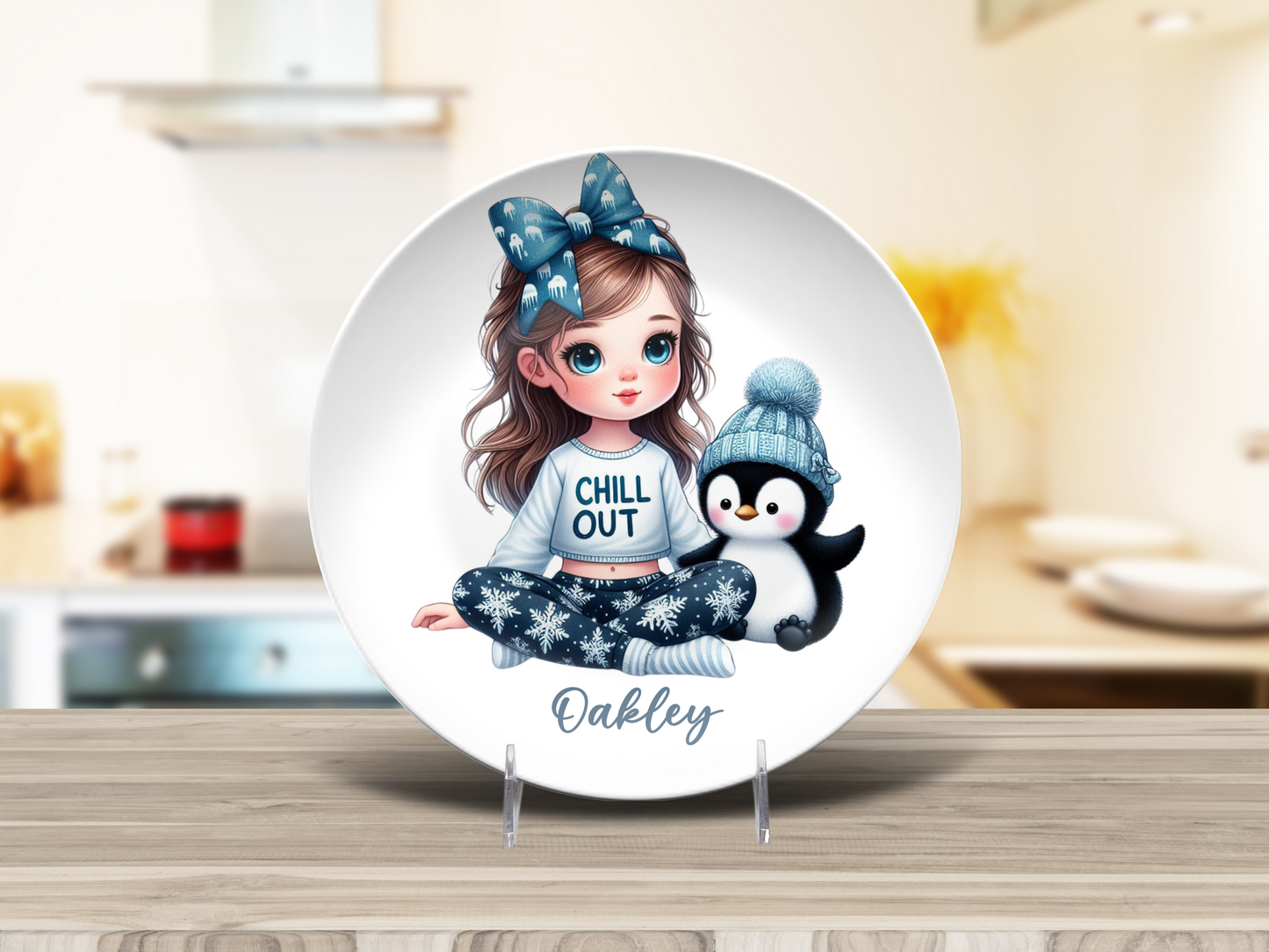 Personalised Girl with Bunny, Cow, Monkey, Penguin, Puppy, Racoon, Swan, Teddy Bear, Zebra Plates