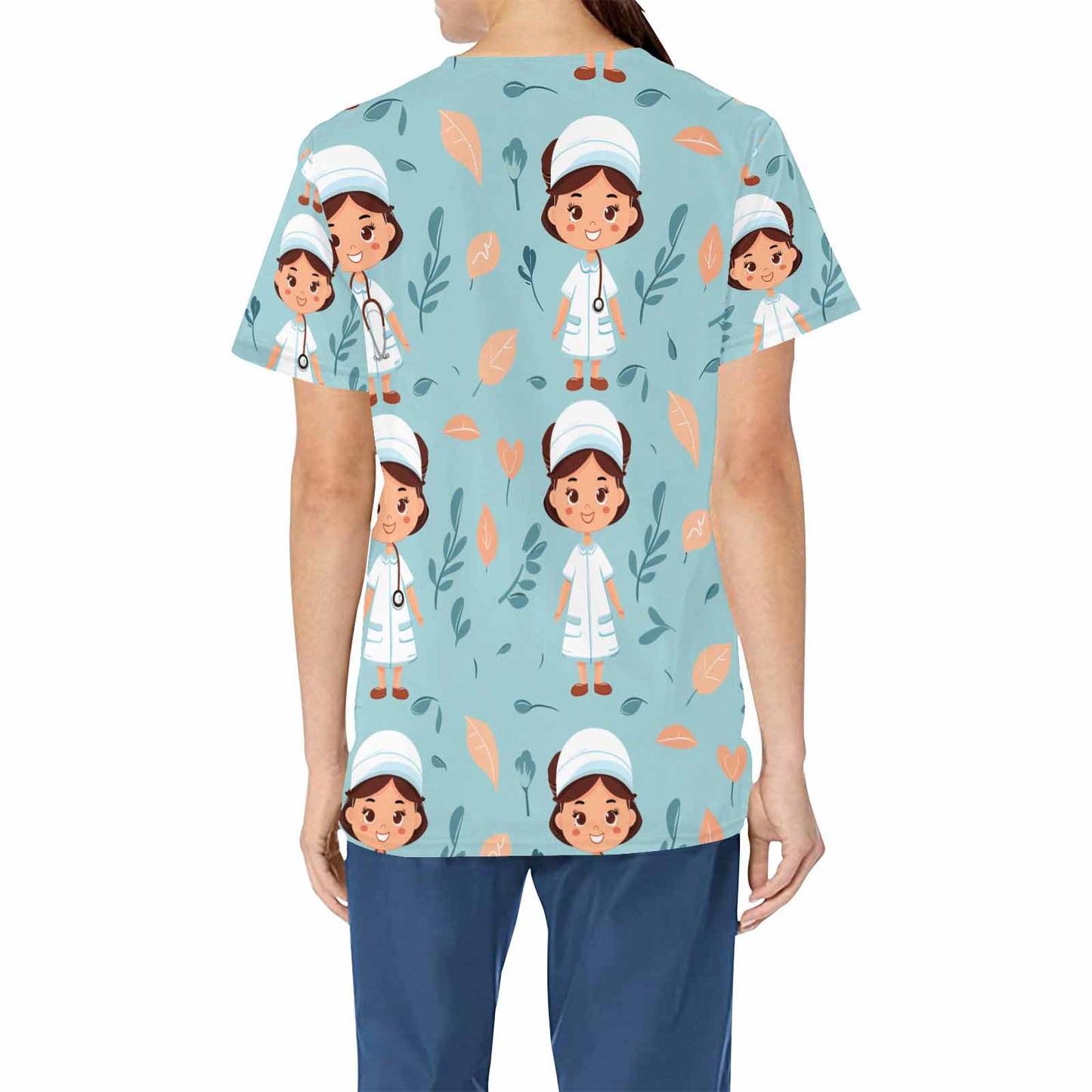 Nurse5  Women's V Neck Scrub Top Nurse Uniform with Deep Front Pockets