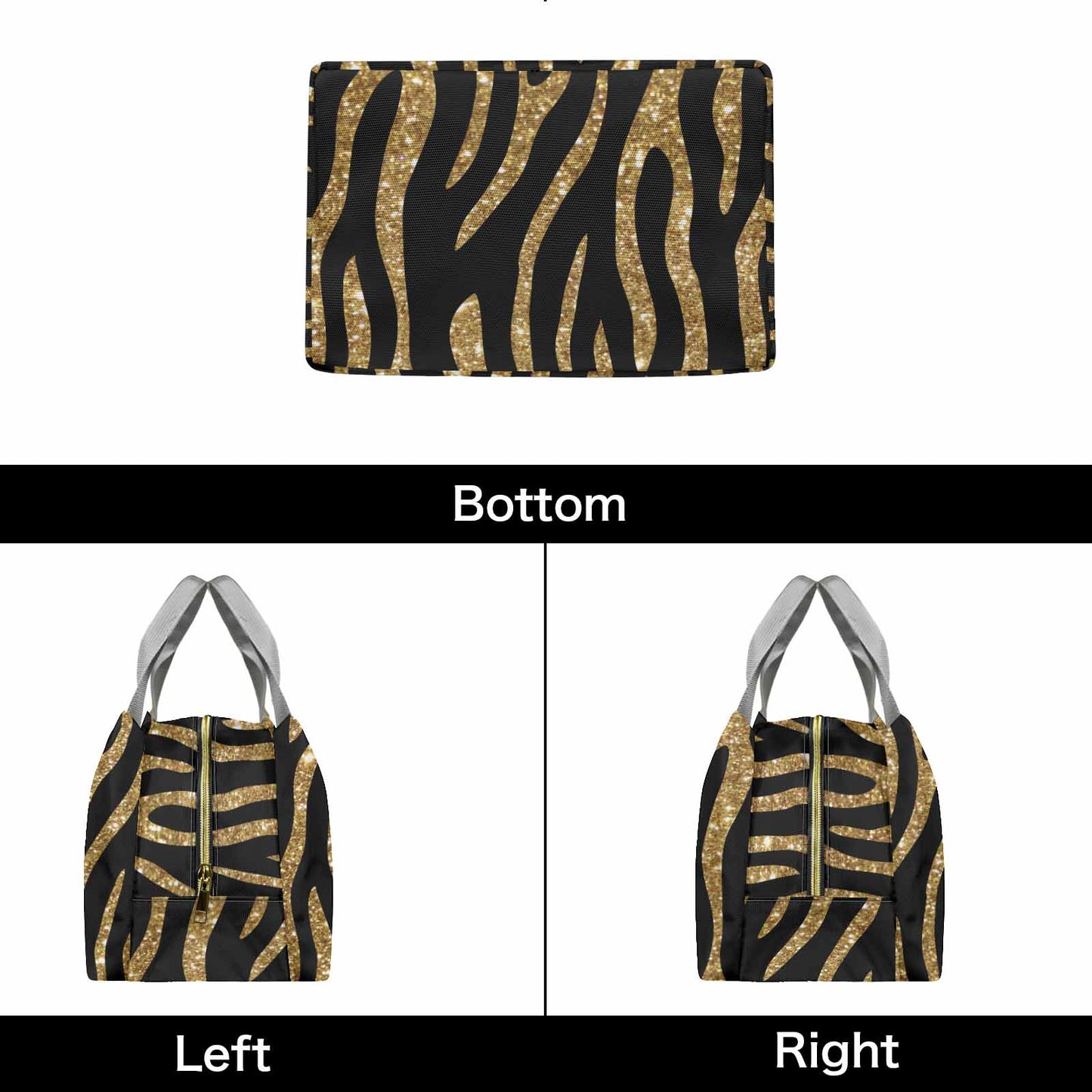 Black and Gold Glitter Leopard Print  Portable Lunch Bag-Grey Handle