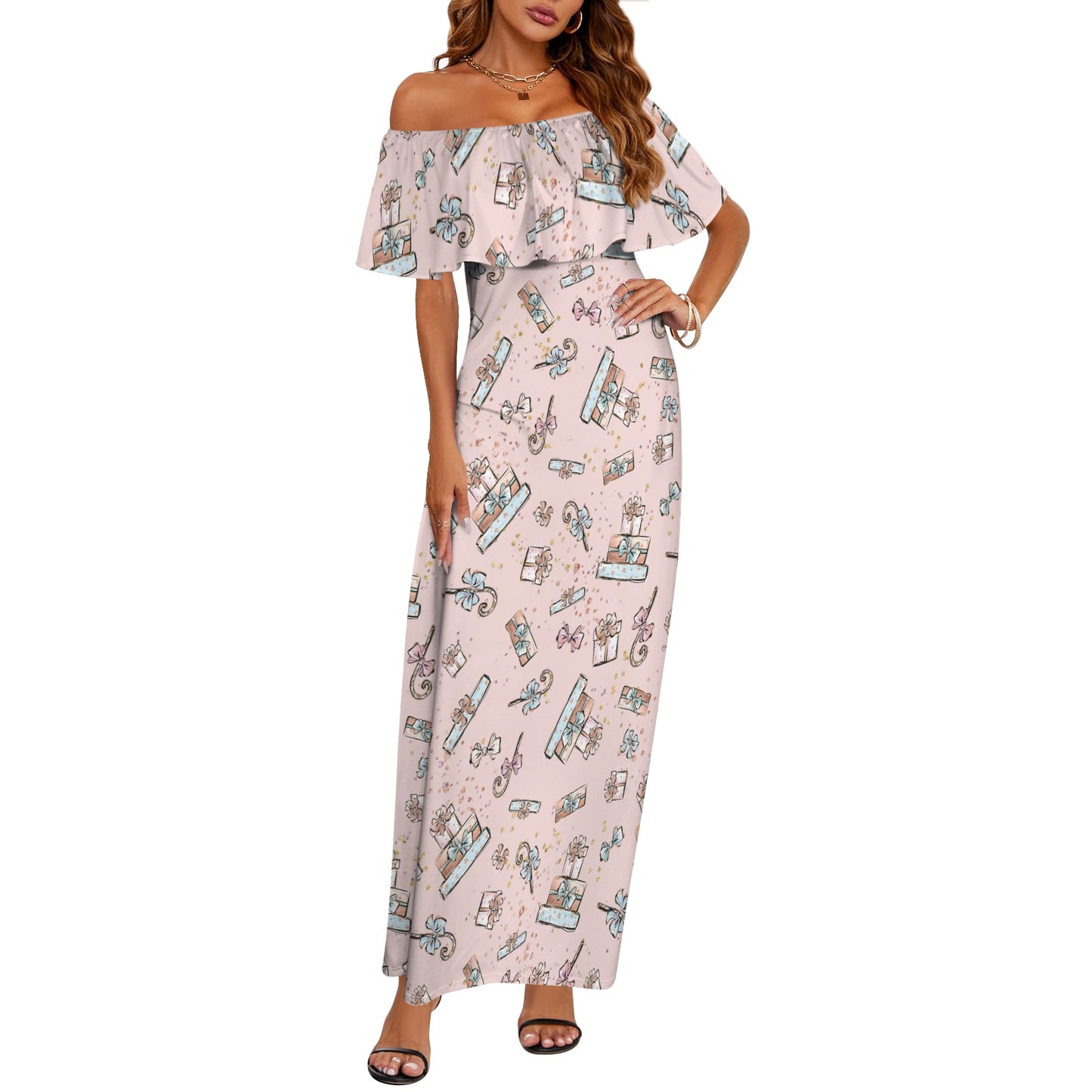 Pink Christmas Presents Women's Off Shoulder Ruffle Boat Neck Dress (Model D71)