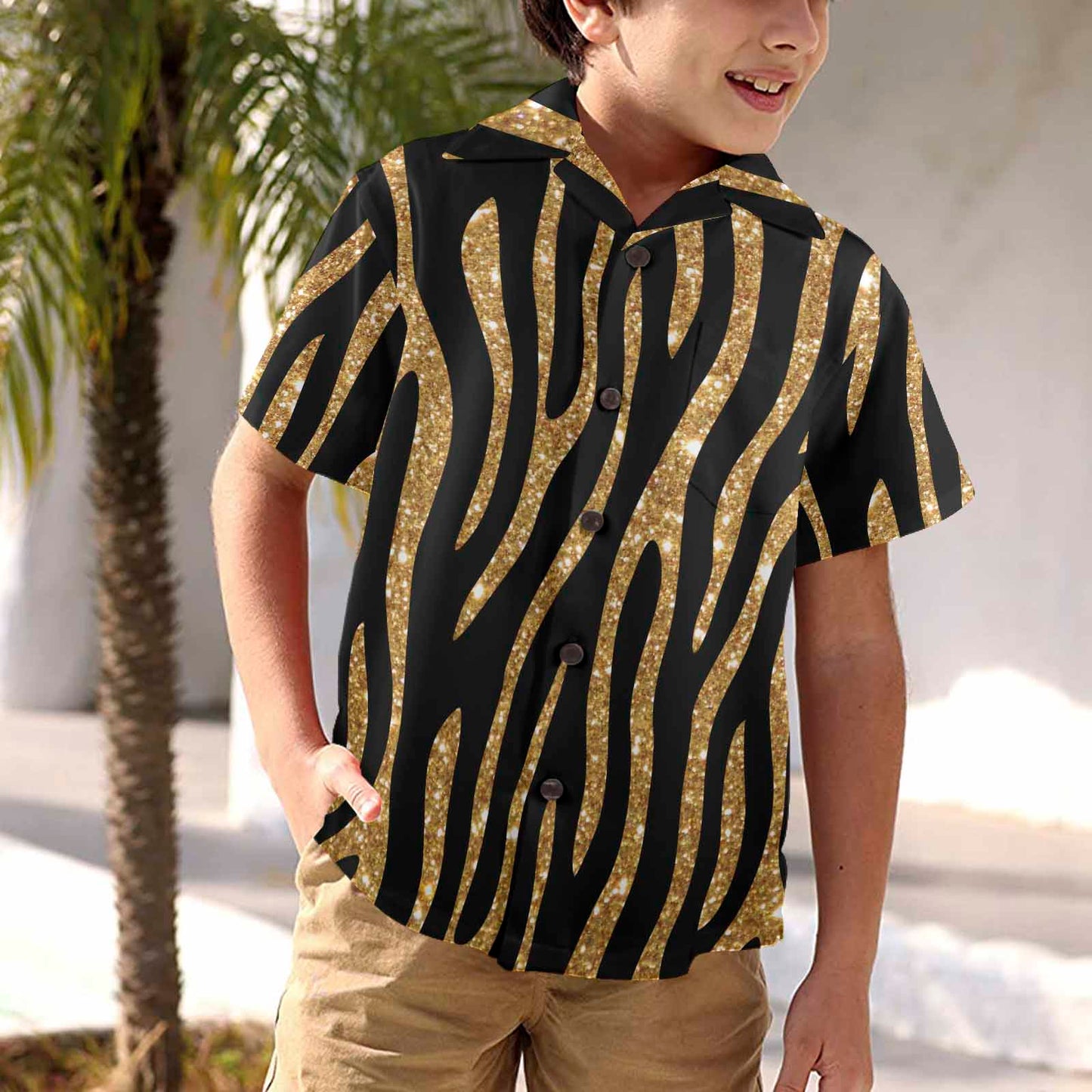 Black and Gold Glitter Leopard Print  Little Boys Hawaiian Shirt