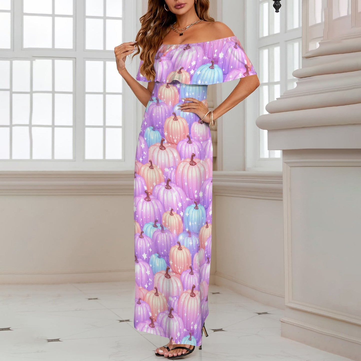 Pastel Pumpkin Women's Off Shoulder Ruffle Boat Neck Dress (Model D71)