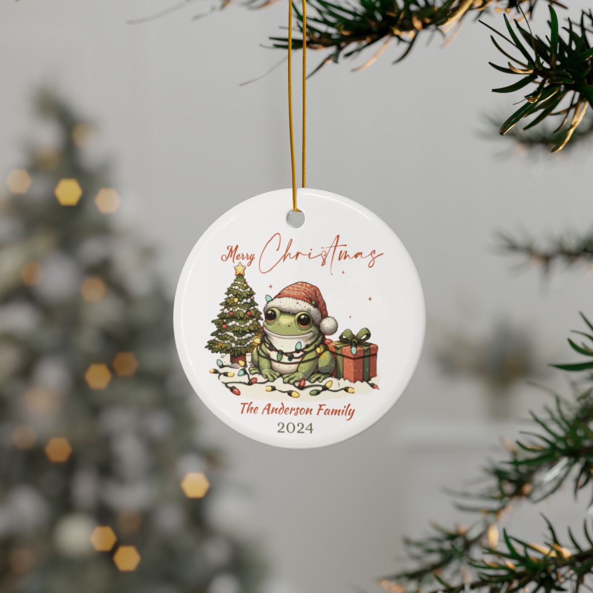 Christmas Frog Ornament, Personalized Christmas Decoration, Holiday Tree Gift, Ceramic Keepsake, Custom Name Ornament, Xmas Decor